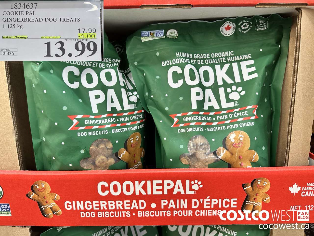 1834637 COOKIE PAL GINGERBREAD DOG TREATS 1.125KG ($4.00 INSTANT SAVINGS EXPIRES ON 2024-12-15) $13.99