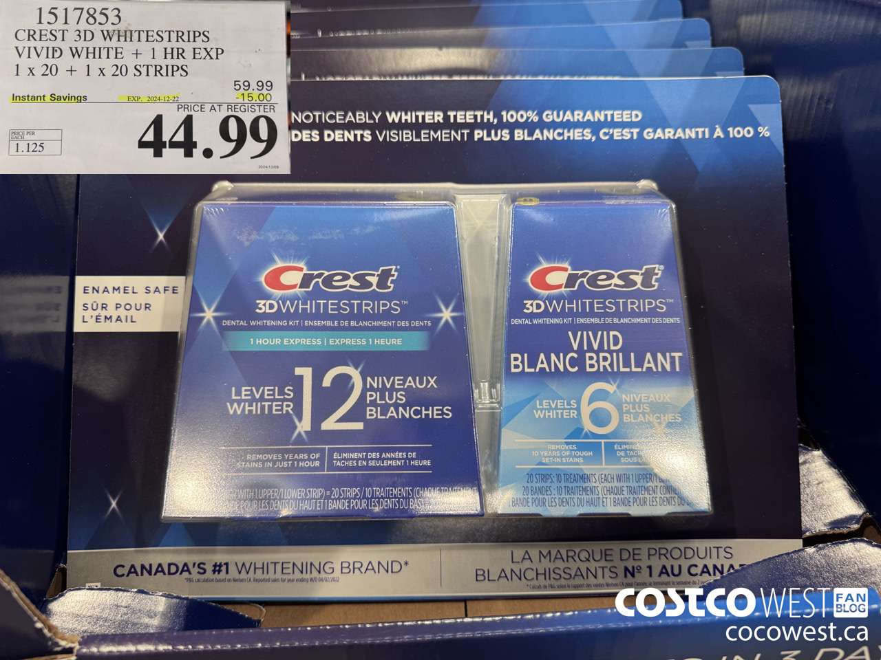 1517853 CREST 3D WHITESTRIPS VIVID WHITE + 1 HR EXP 1 x 20 + 1 x 20 STRIPS ($15.00 INSTANT SAVINGS EXPIRES ON 2024-12-22) $44.99