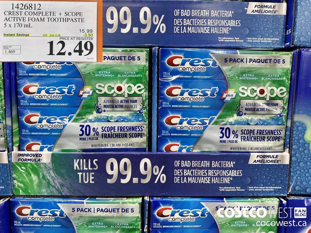 1426812 CREST COMPLETE + SCOPE ACTIVE FOAM TOOTHPASTE 5 x 170ml  ($3.50 INSTANT SAVINGS EXPIRES ON 2024-12-08) $12.49