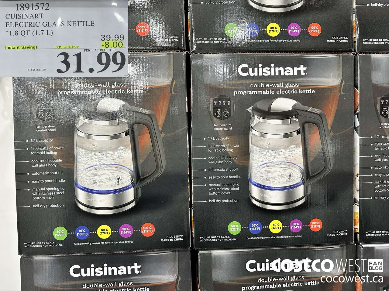 1891572 CUISINART ELECTRIC GLASS KETTLE 1.8QT (1.7L) ($8.00 INSTANT SAVINGS EXPIRES ON 2024-12-08) $31.99