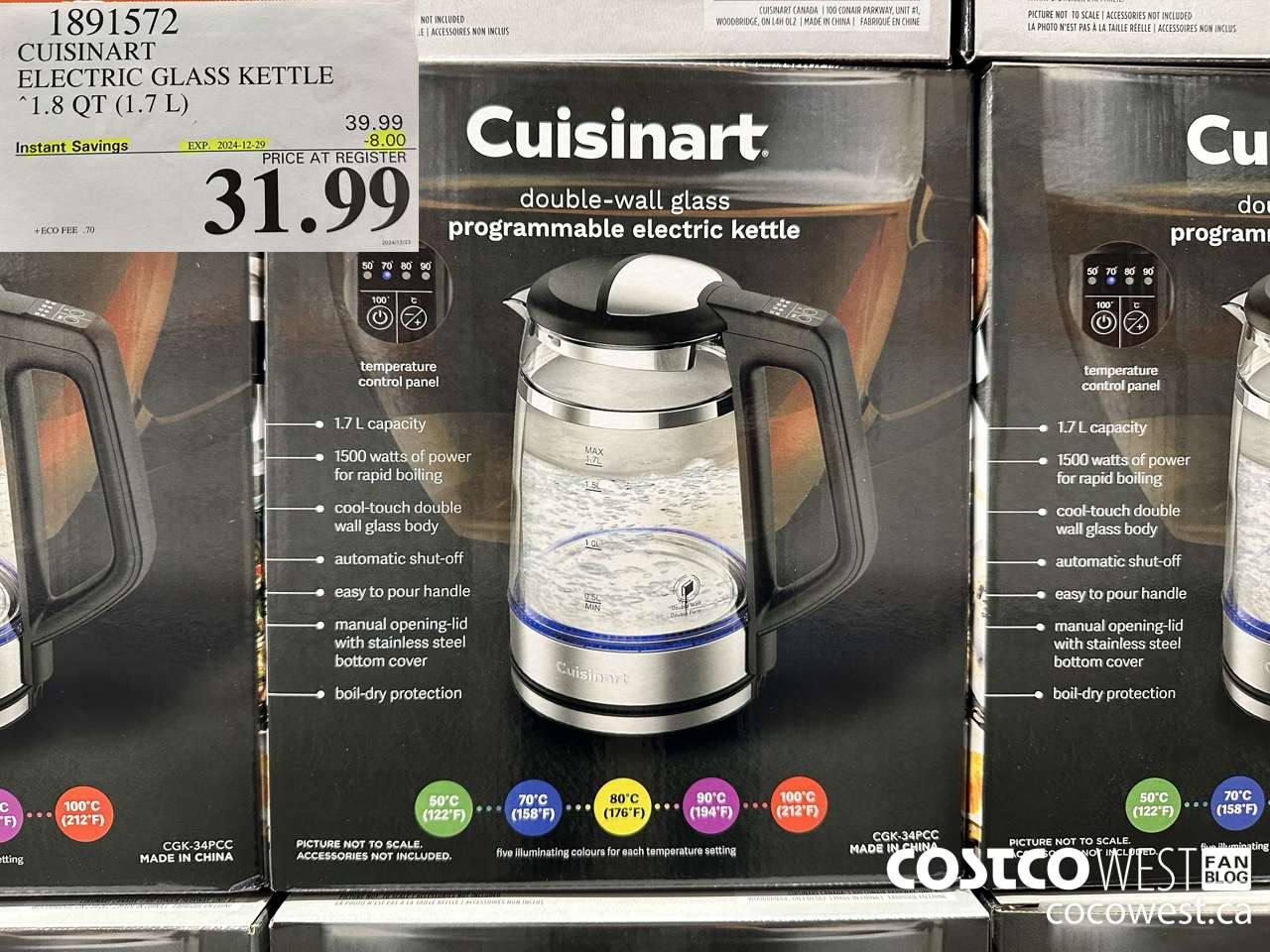 1891572 CUISINART ELECTRIC GLASS KETTLE 1.8QT (1.7L) ($8.00 INSTANT SAVINGS EXPIRES ON 2024-12-29) $31.99