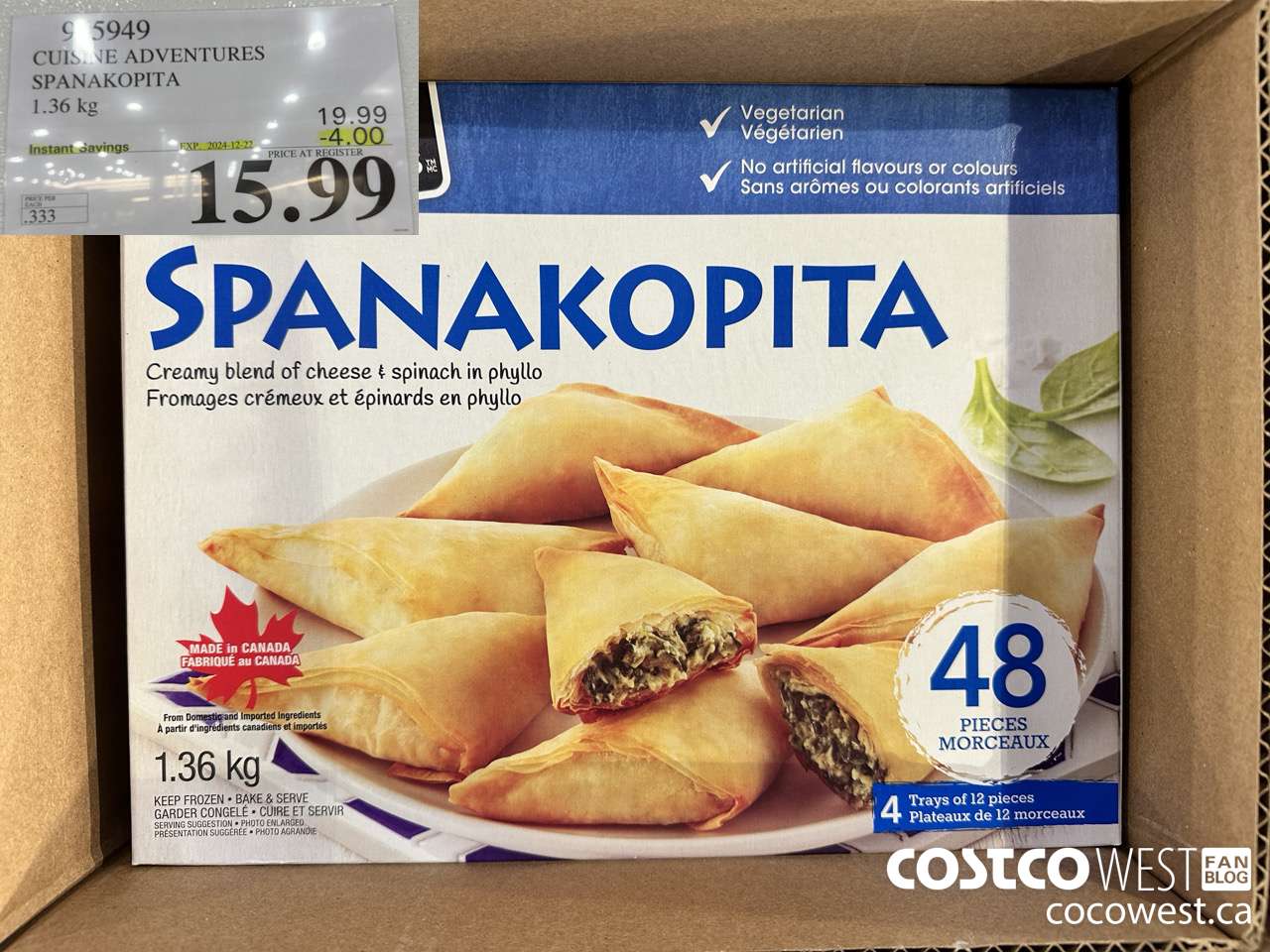 965949 CUISINE ADVENTURES SPANAKOPITA 1.36 kg ($4.00 INSTANT SAVINGS EXPIRES ON 2024-12-22) $15.99