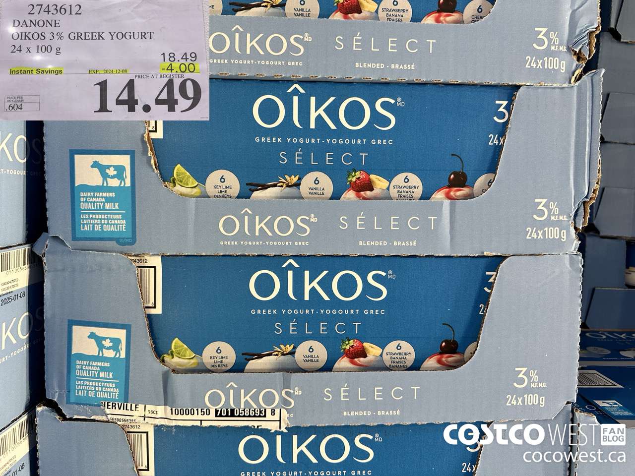 2743612 DANONE OIKOS 3% GREEK YOGURT 24 X 100 G ($4.00 INSTANT SAVINGS EXPIRES ON 2024-12-08) $14.49
