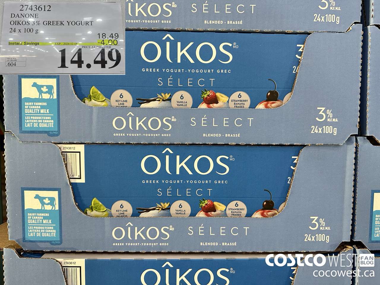 2743612 DANONE OIKOS 3% GREEK YOGURT 24 X 100 G ($4.00 INSTANT SAVINGS EXPIRES ON 2024-12-08) $14.49