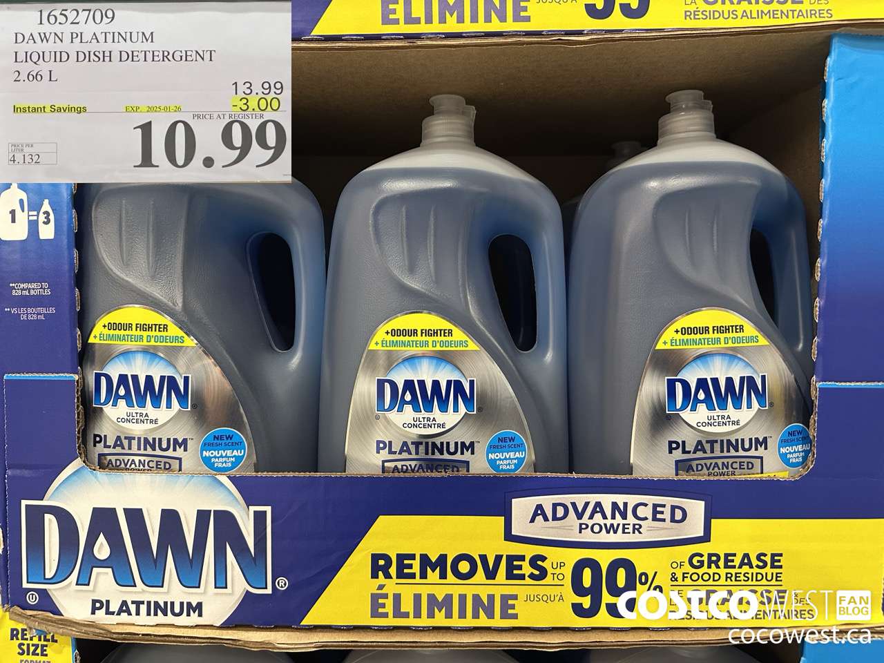 1652709 DAWN PLATINUM LIQUID DISH DETERGENT 2.66L ($3.00 INSTANT SAVINGS EXPIRES ON 2025-01-26) $10.99