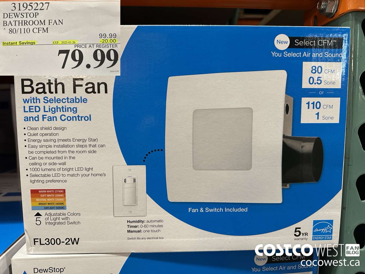 3195227 DEWSTOP BATHROOM FAN & SWITCH 80/110 CFM ($20.00 INSTANT SAVINGS EXPIRES ON 2025-01-26) $79.99