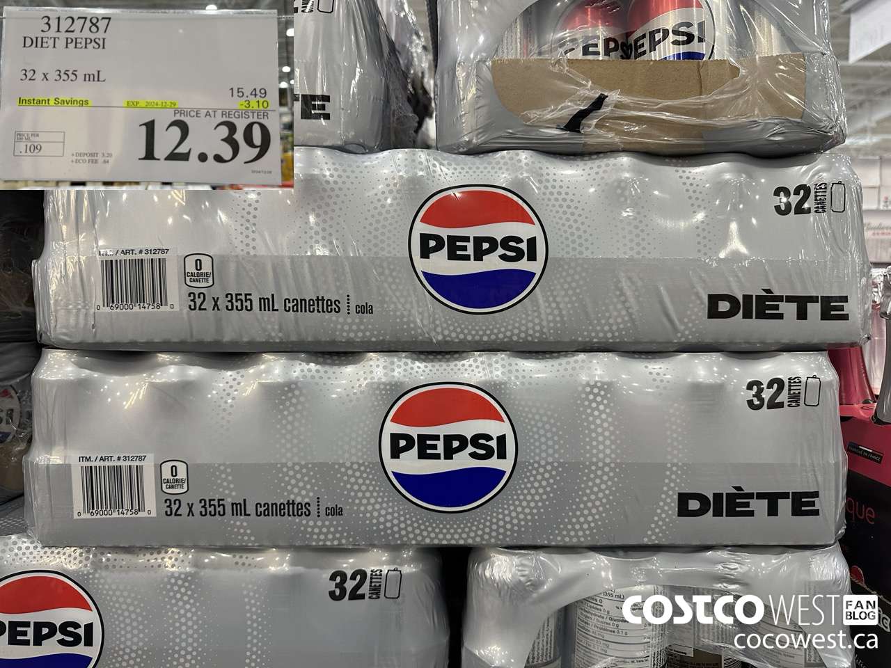 312787 DIET PEPSI 32 X 355 ML ($3.10 INSTANT SAVINGS EXPIRES ON 2024-12-29) $12.39