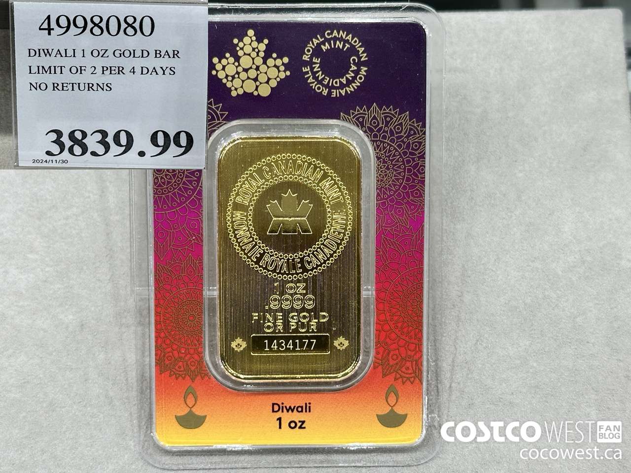 4998080 DIWALI 1 OZ GOLD BAR LIMIT OF 2 PER 4 DAYS NO RETURNS $3839.99