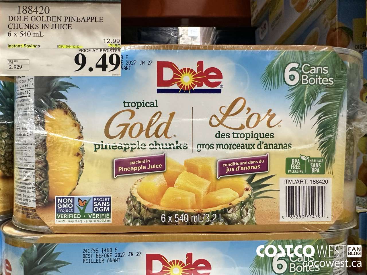 188420 DOLE GOLDEN PINEAPPLE CHUNKS IN JUICE 6 x 540 mL ($3.50 INSTANT SAVINGS EXPIRES ON 2024-12-22) $9.49