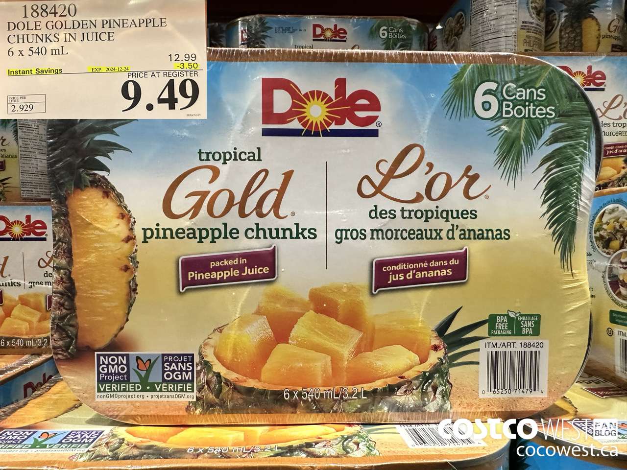 188420 DOLE GOLDEN PINEAPPLE CHUNKS IN JUICE 6 x 540 mL ($3.50 INSTANT SAVINGS EXPIRES ON 2024-12-24) $9.49