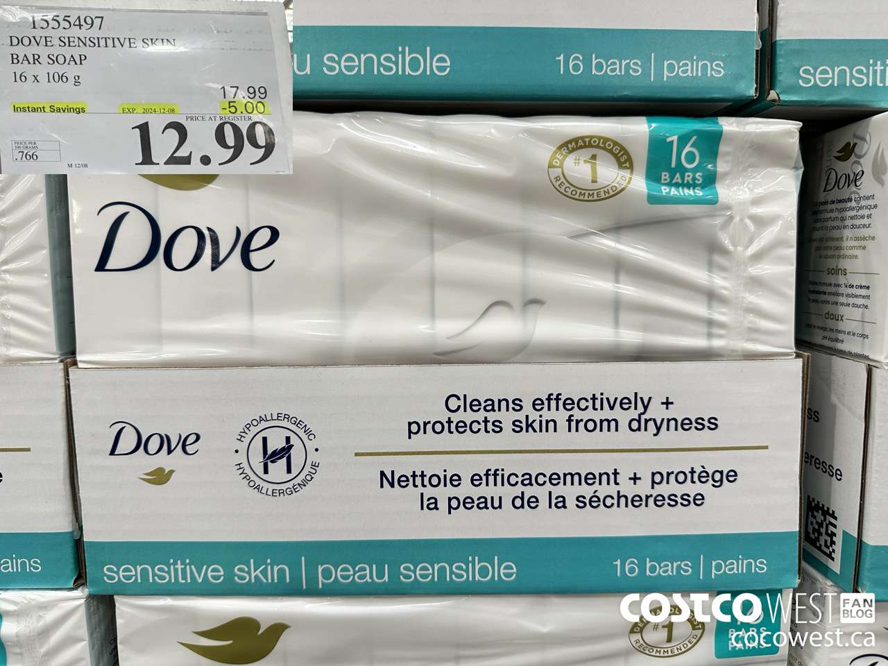 1555497 DOVE BAR SOAP SENSITIVE SKIN 16 x 106 g ($5.00 INSTANT SAVINGS EXPIRES ON 2024-12-08) $12.99
