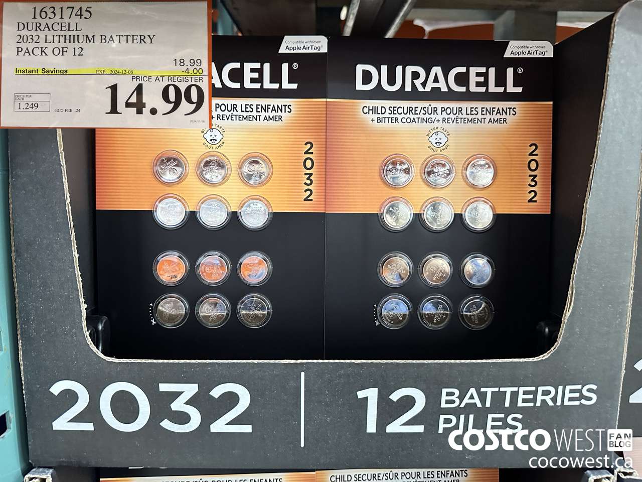 1631745 DURACELL 2032 LITHIUM BATTERY PACK OF 12 ($4.00 INSTANT SAVINGS EXPIRES ON 2024-12-08) $14.99