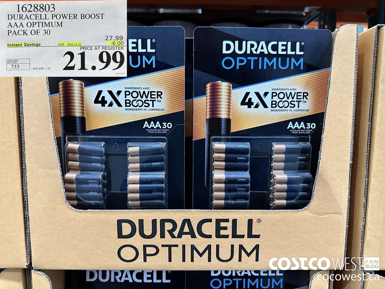 1628803 DURACELL POWER BOOST AAA OPTIMUM PACK OF 30 ($6.00 INSTANT SAVINGS EXPIRES ON 2024-12-22) $21.99