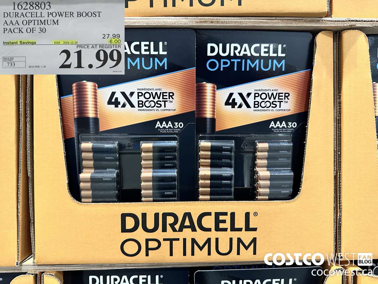 1628803 DURACELL POWER BOOST AAA OPTIMUM PACK OF 30 ($6.00 INSTANT SAVINGS EXPIRES ON 2024-12-29) $21.99