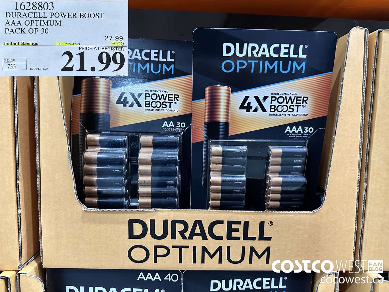 1628803 DURACELL POWER BOOST AAA OPTIMUM PACK OF 30 ($6.00 INSTANT SAVINGS EXPIRES ON 2024-12-29) $21.99
