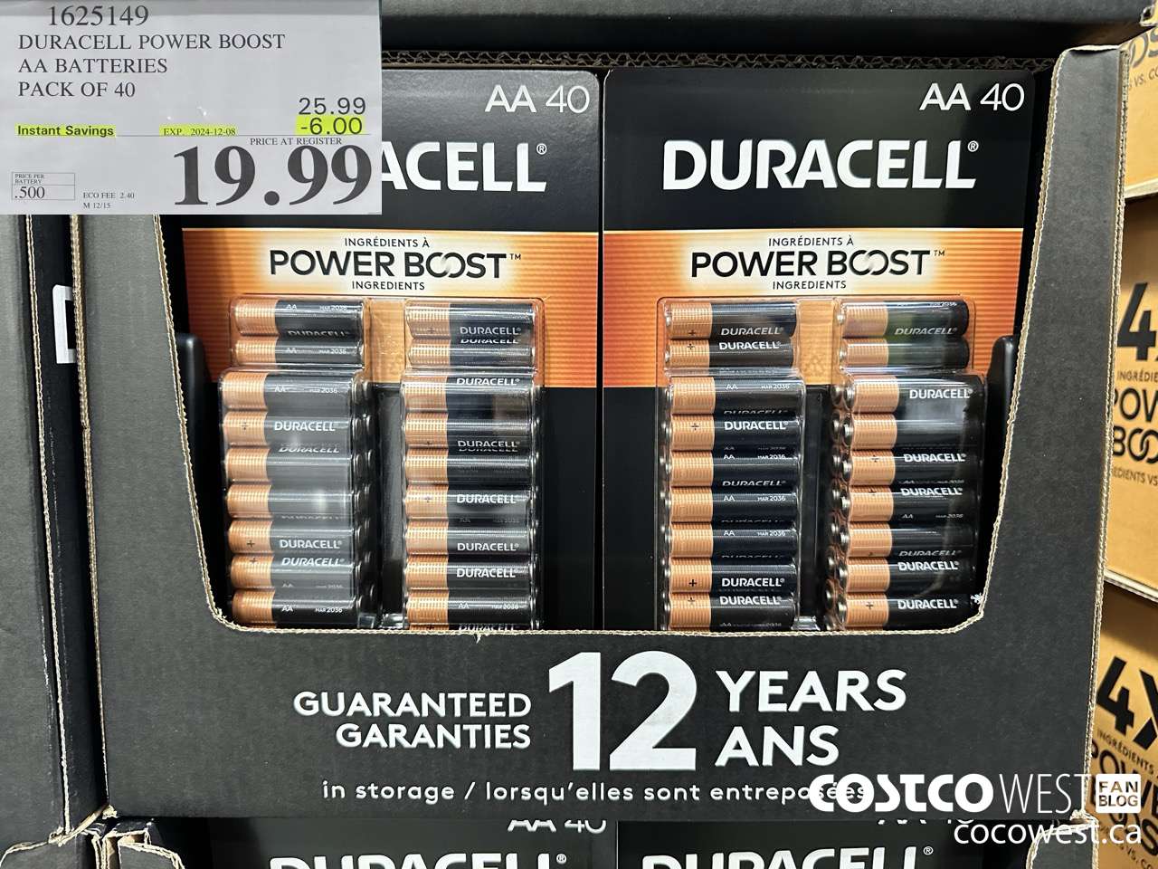 1625149 DURACELL POWER BOOST AA BATTERIES PACK OF 40 ($6.00 INSTANT SAVINGS EXPIRES ON 2024-12-08) $19.99