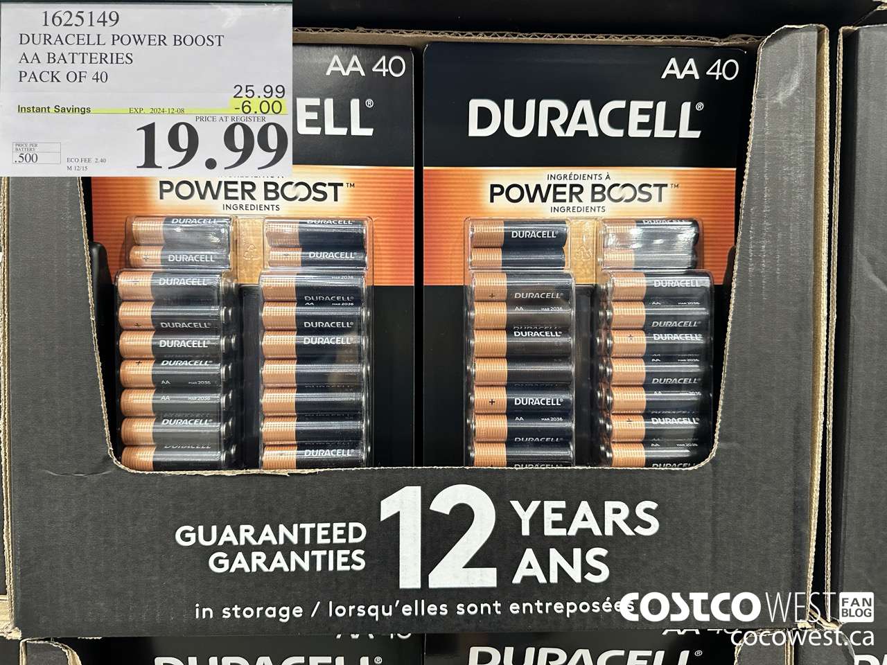 1625149 DURACELL POWER BOOST AA BATTERIES PACK OF 40 ($6.00 INSTANT SAVINGS EXPIRES ON 2024-12-08) $19.99