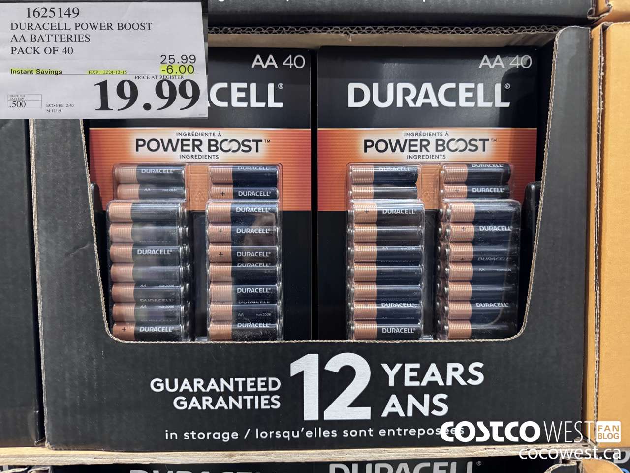 1625149 DURACELL POWER BOOST AA BATTERIES PACK OF 40 ($6.00 INSTANT SAVINGS EXPIRES ON 2024-12-15) $19.99