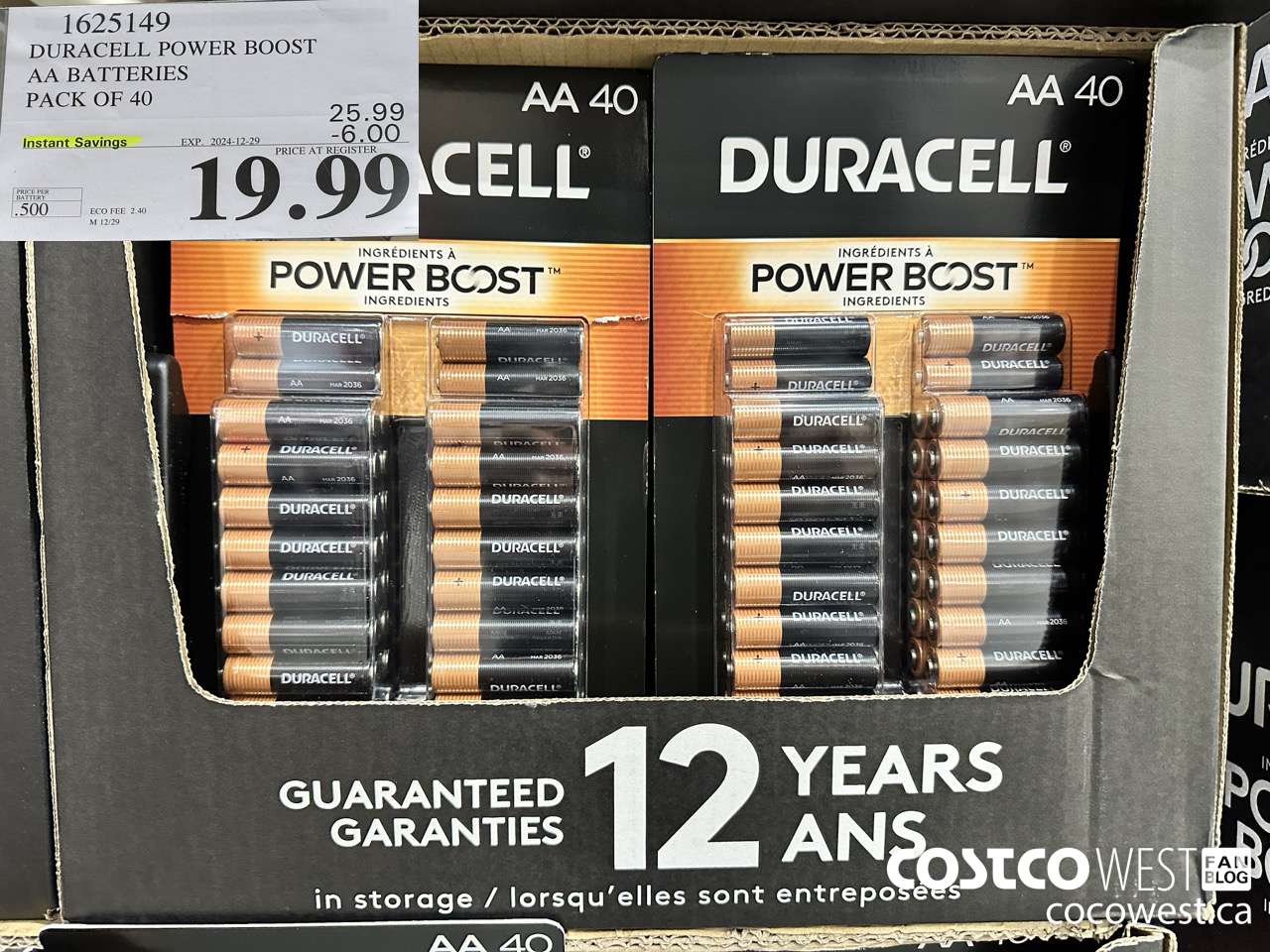 1625149 DURACELL POWER BOOST AA BATTERIES PACK OF 40 ($6.00 INSTANT SAVINGS EXPIRES ON 2024-12-29) $19.99