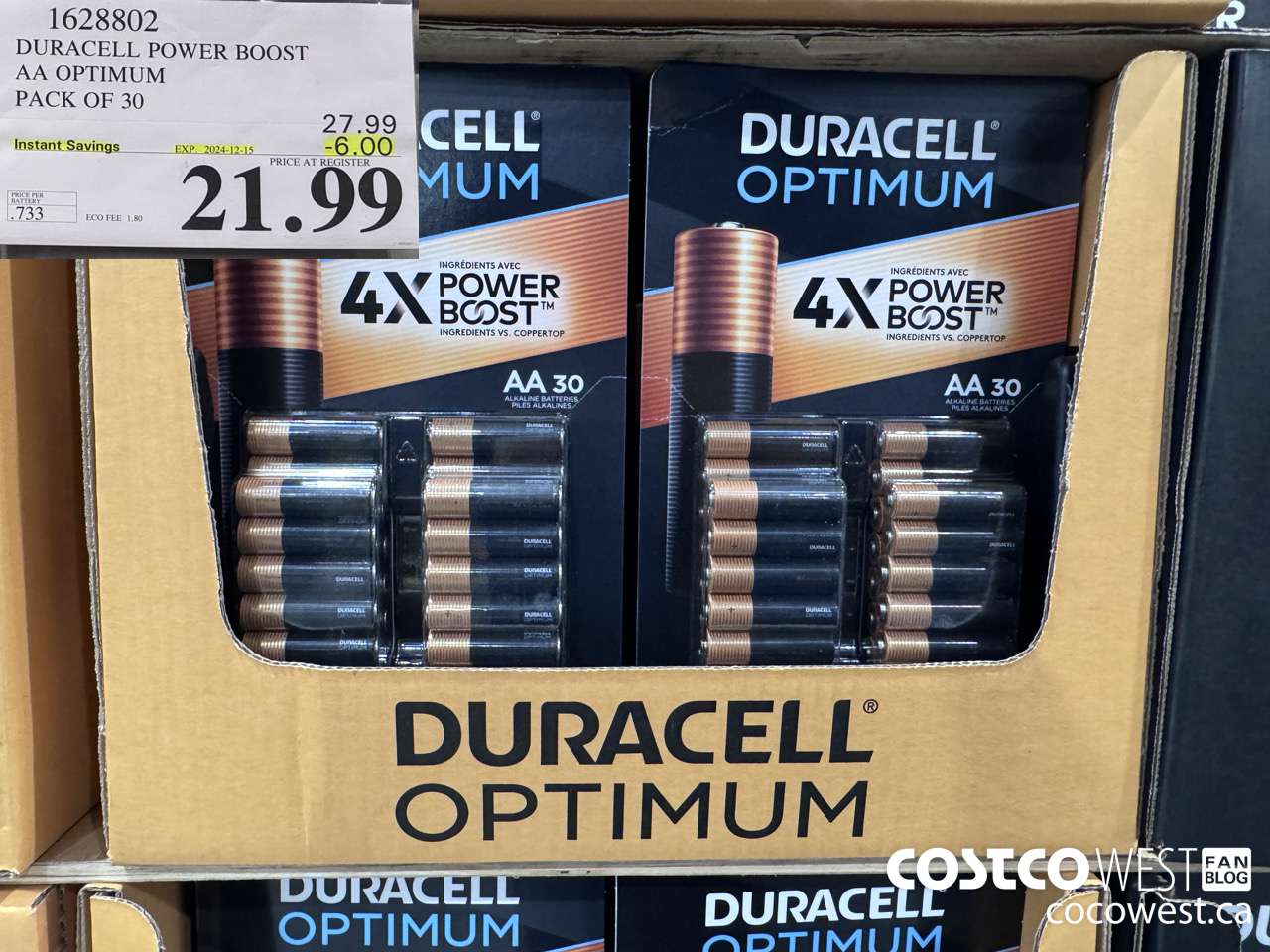 1628802 DURACELL POWER BOOST AA OPTIMUM PACK OF 30 ($6.00 INSTANT SAVINGS EXPIRES ON 2024-12-15) $21.99