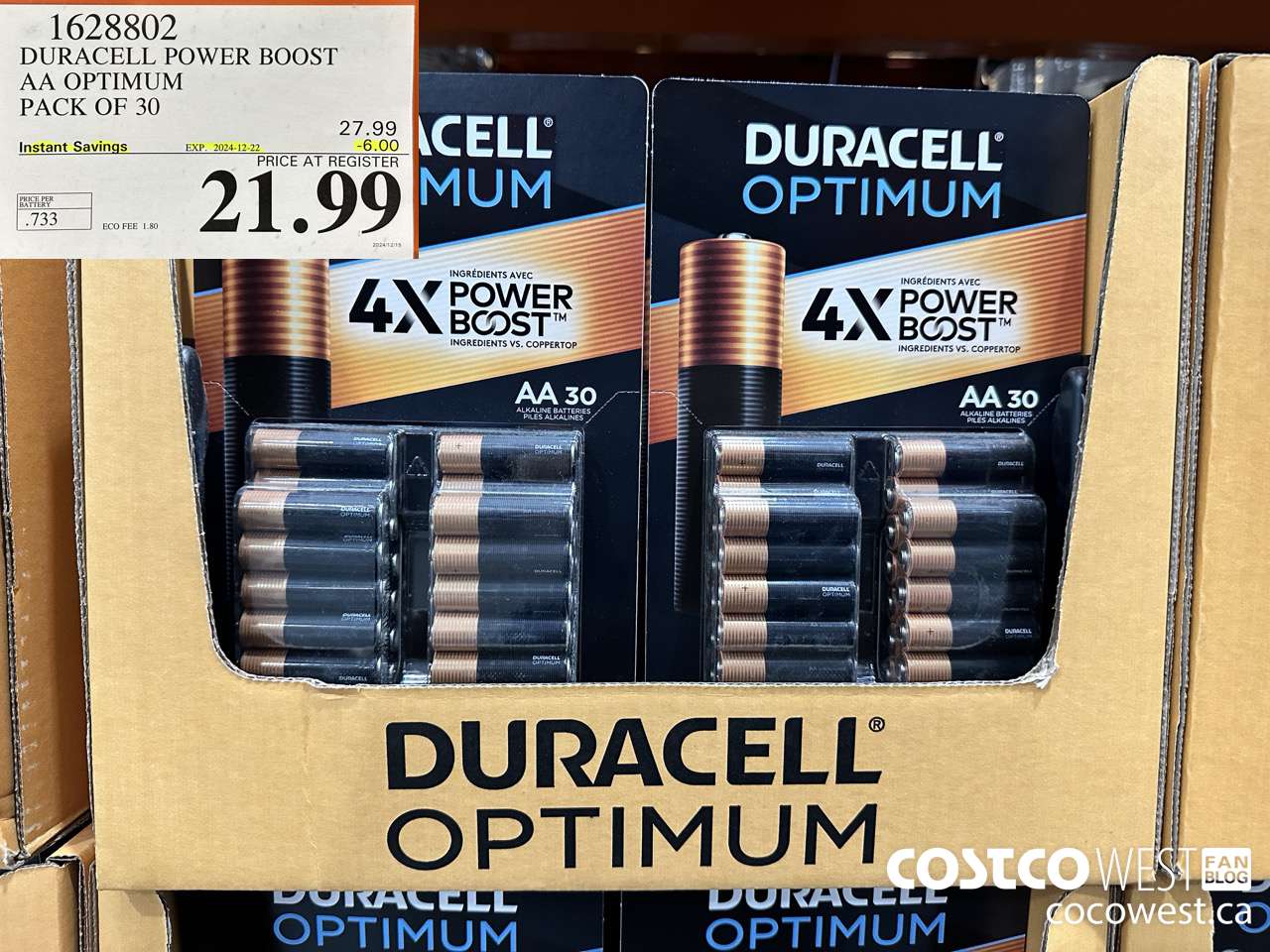 1628802 DURACELL POWER BOOST AA OPTIMUM PACK OF 30 ($6.00 INSTANT SAVINGS EXPIRES ON 2024-12-22) $21.99
