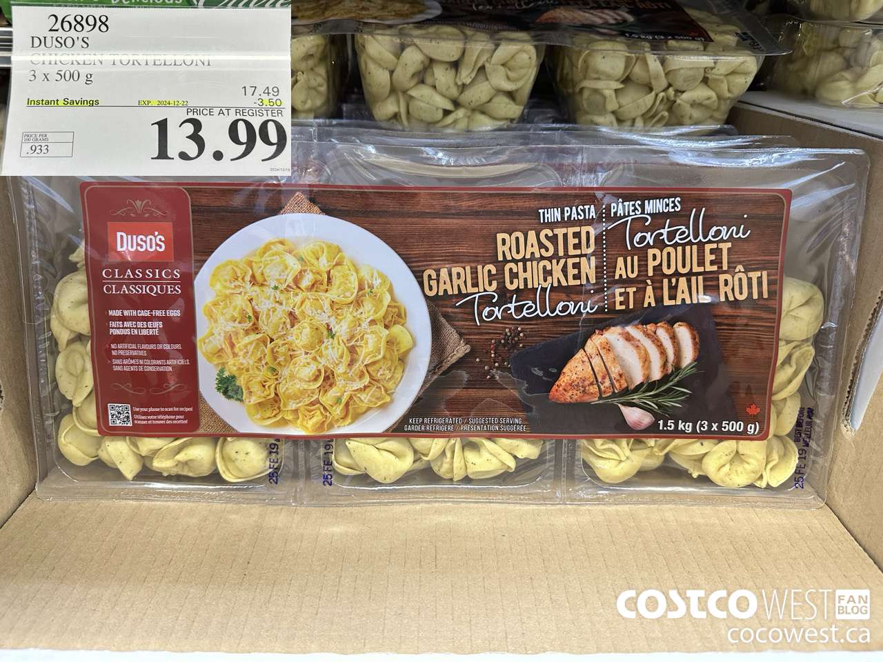 26898 DUSO'S CHICKEN TORTELLONI 3 x 500 g ($3.50 INSTANT SAVINGS EXPIRES ON 2024-12-22) $13.99