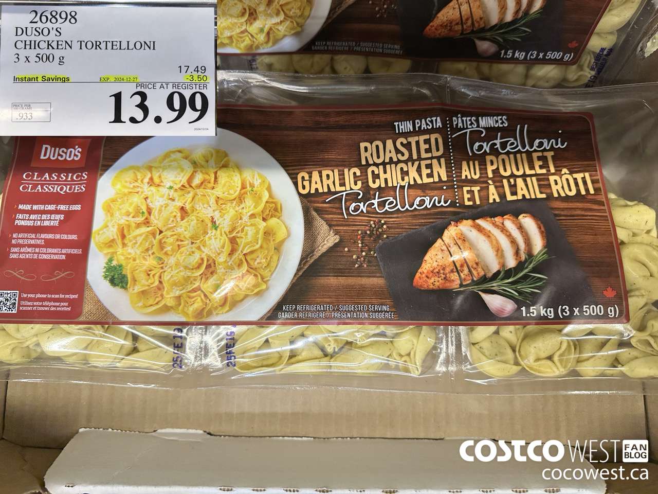 26898 DUSO'S CHICKEN TORTELLONI 3 x 500 g ($3.50 INSTANT SAVINGS EXPIRES ON 2024-12-27) $13.99