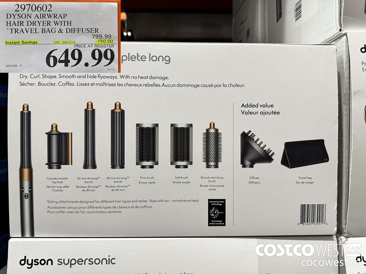 2970602 DYSON AIRWRAP HAIR DRYER WITH TRAVEL BAG & DIFFUSER ($150.00 INSTANT SAVINGS EXPIRES ON 2024-12-05) $649.99