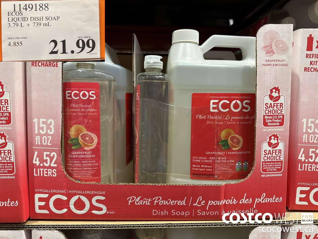1149188 ECOS LIQUID DISH SOAP 3.79 L + 739 ML $21.99