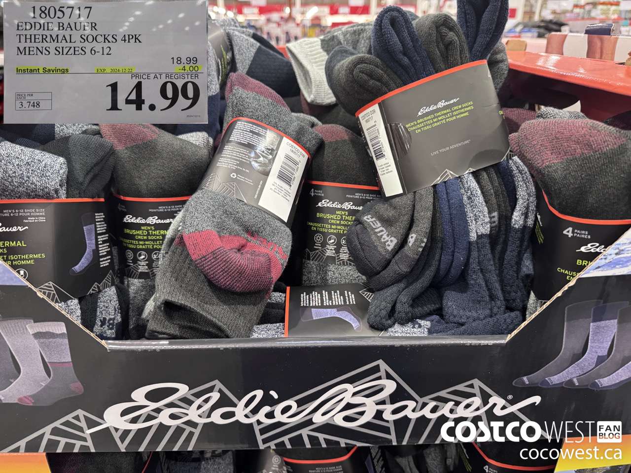 1804717 EDDIE BAUER THERMAL SOCKS 4PK MENS SIZES 6-12 ($4.00 INSTANT SAVINGS EXPIRES ON 2024-12-22) $14.99