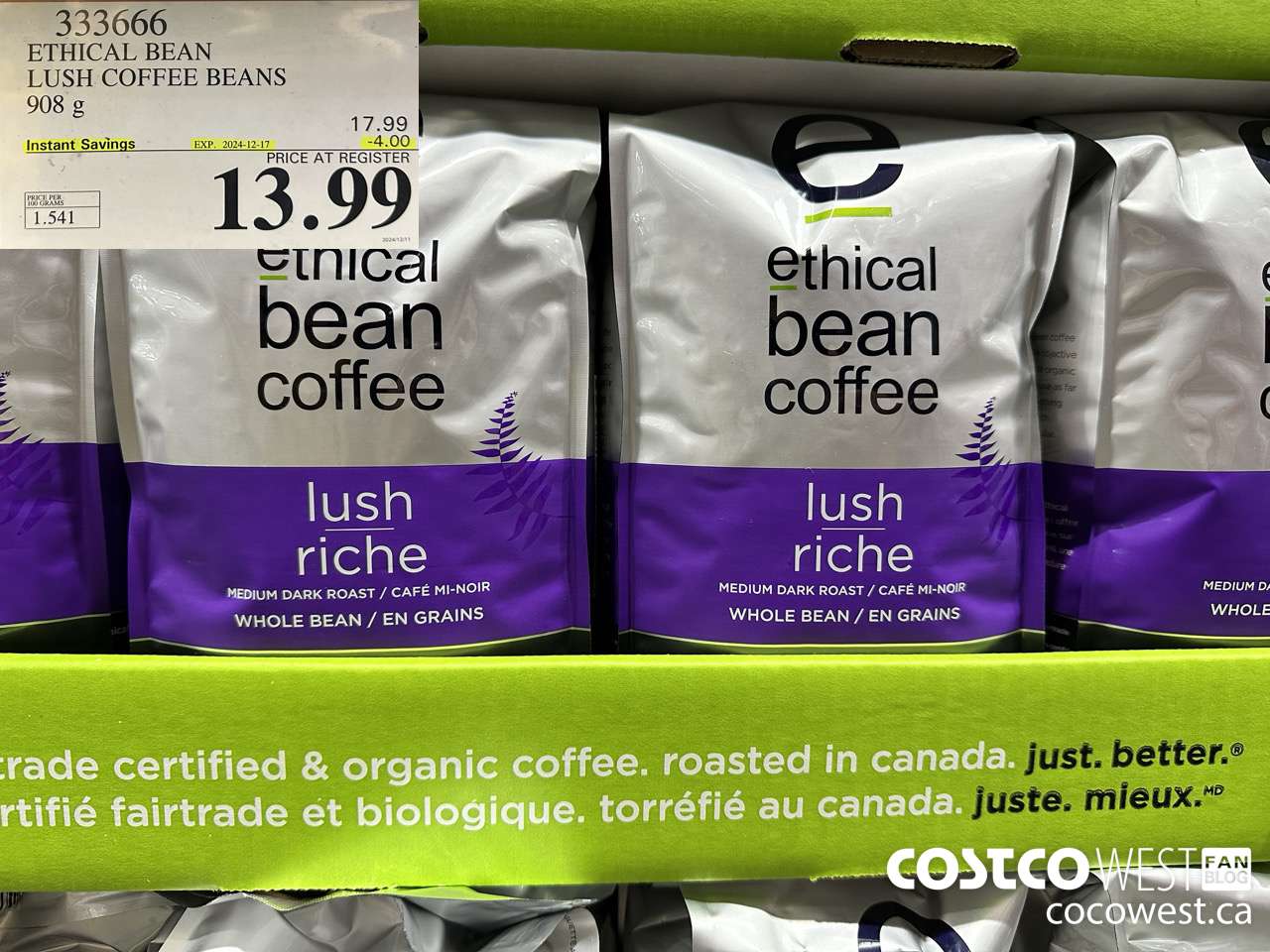 333666 ETHICAL BEAN ORGANIC LUSH COFFEE BEANS 908 g ($4.00 INSTANT SAVINGS EXPIRES ON 2024-12-17) $13.99