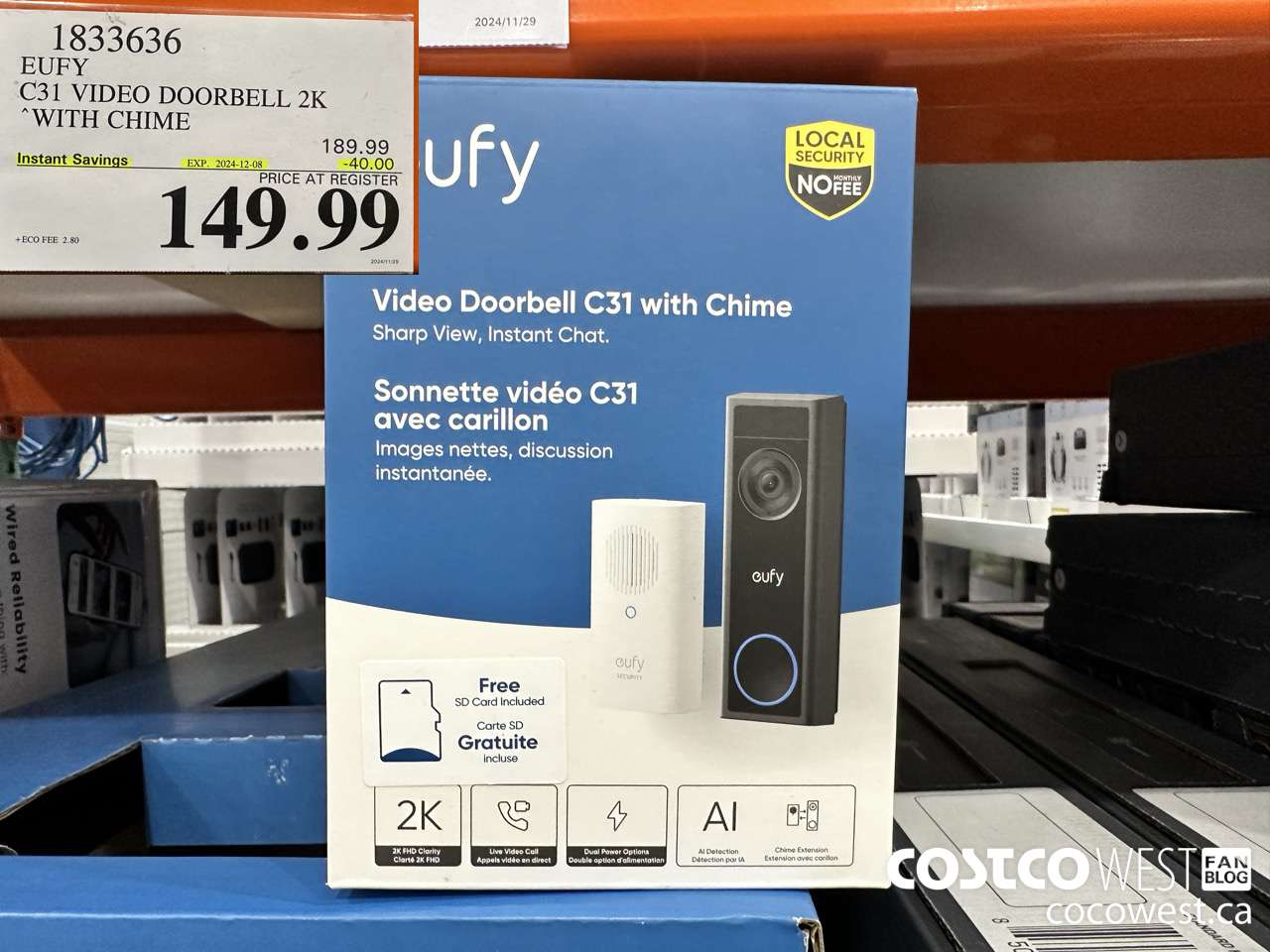 1833636 EUFY C30 VIDEO DOORBELL 2K WITH CHIME ($40.00 INSTANT SAVINGS EXPIRES ON 2024-12-08) $149.99