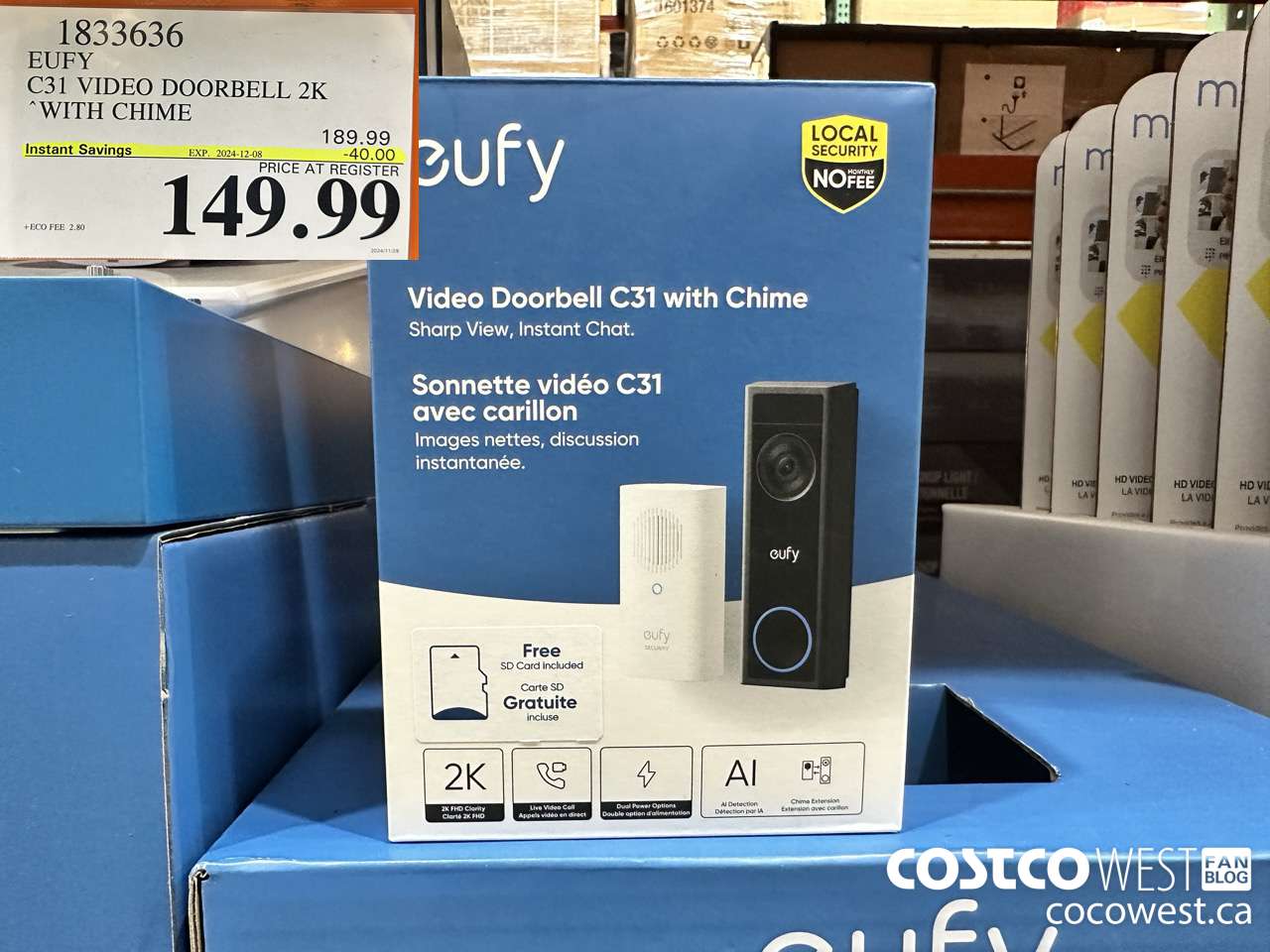 1833636 EUFY C30 VIDEO DOORBELL 2K WITH CHIME ($40.00 INSTANT SAVINGS EXPIRES ON 2024-12-08) $149.99