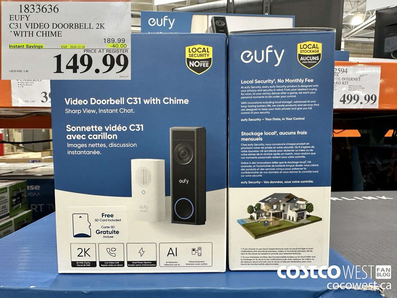 1833636 EUFY C30 VIDEO DOORBELL 2K WITH CHIME ($40.00 INSTANT SAVINGS EXPIRES ON 2024-12-18) $149.99