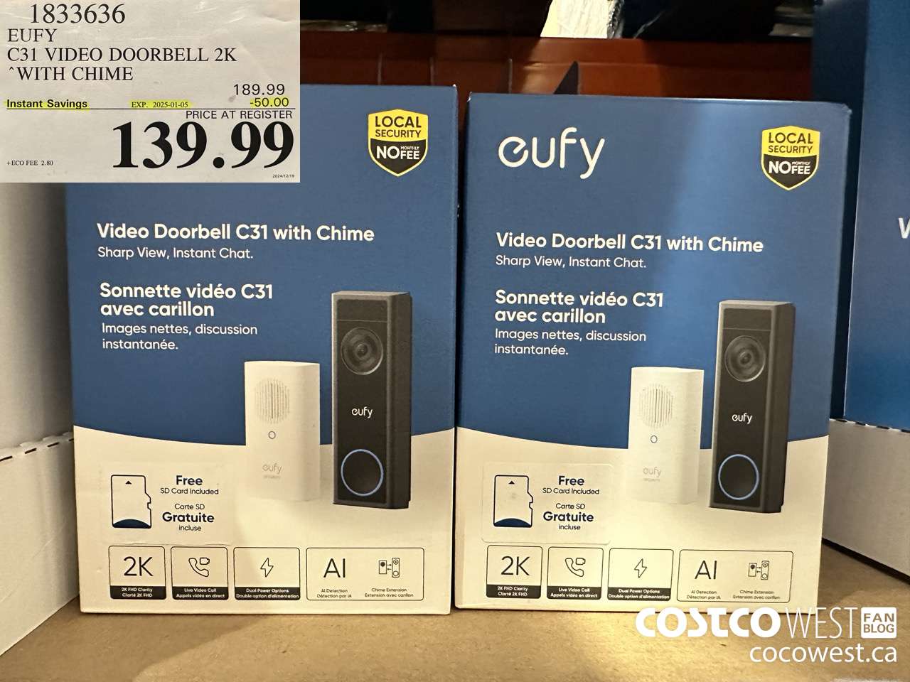 1833636 EUFY C31 VIDEO DOORBELL 2K WITH CHIME ($50.00 INSTANT SAVINGS EXPIRES ON 2025-01-05) $139.99