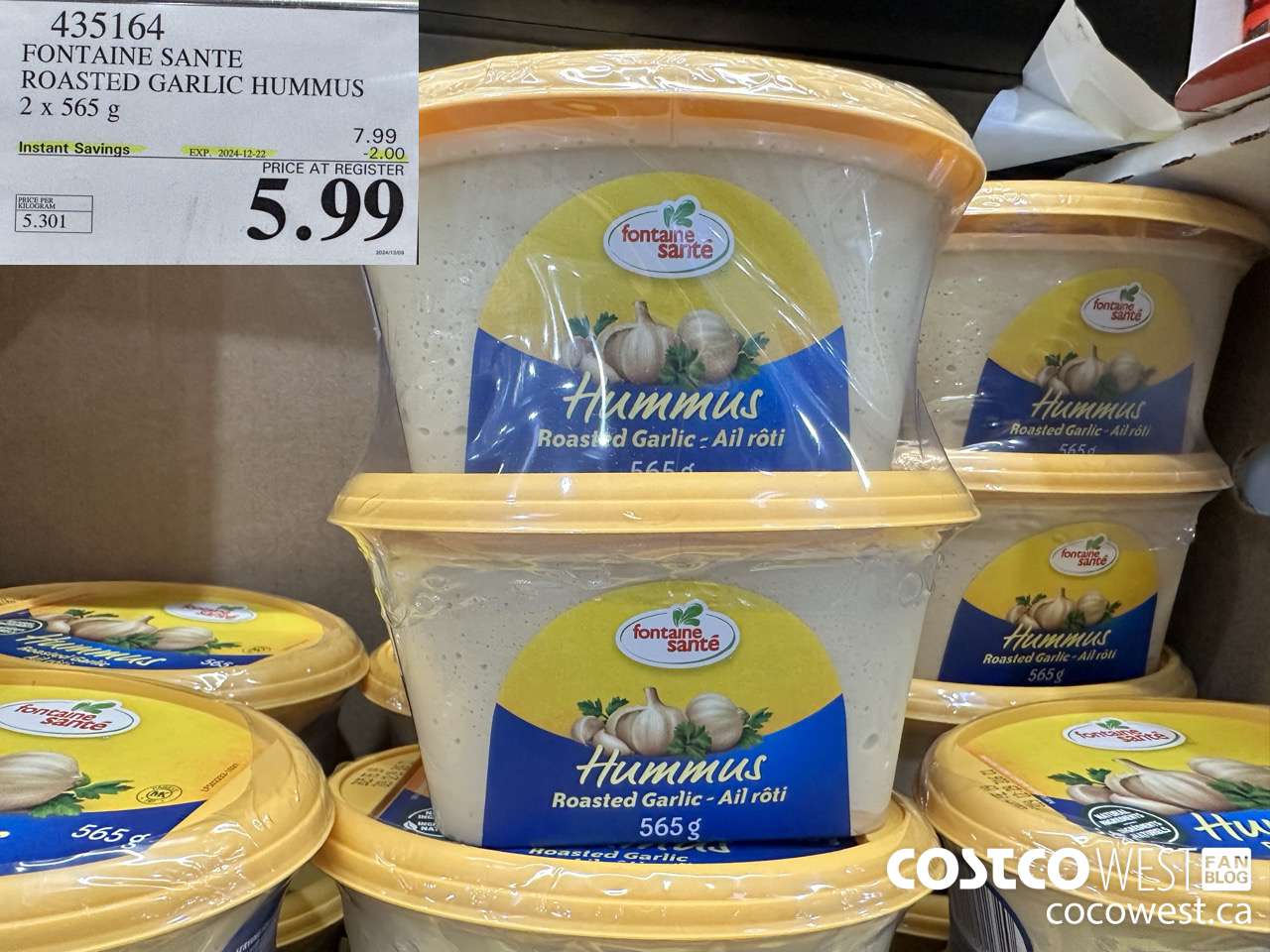 435164 FONTAINE SANTE ROASTED GARLIC HUMMUS 2 x 565 g ($2.00 INSTANT SAVINGS EXPIRES ON 2024-12-22) $5.99