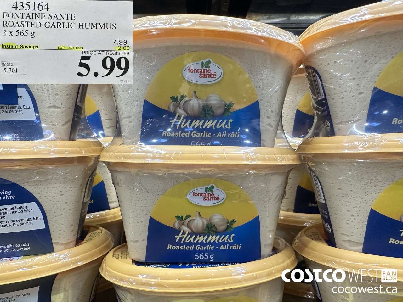 435164 FONTAINE SANTE ROASTED GARLIC HUMMUS 2 x 565 g ($2.00 INSTANT SAVINGS EXPIRES ON 2024-12-24) $5.99