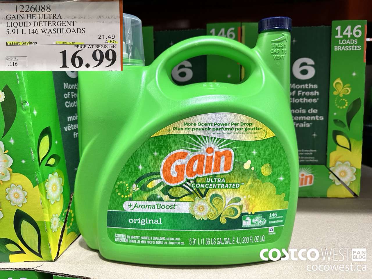 1226088 GAIN HE ULTRA LIQUID DETERGENT 5.91 L 146 WASHLOADS ($4.50 INSTANT SAVINGS EXPIRES ON 2024-12-08) $16.99