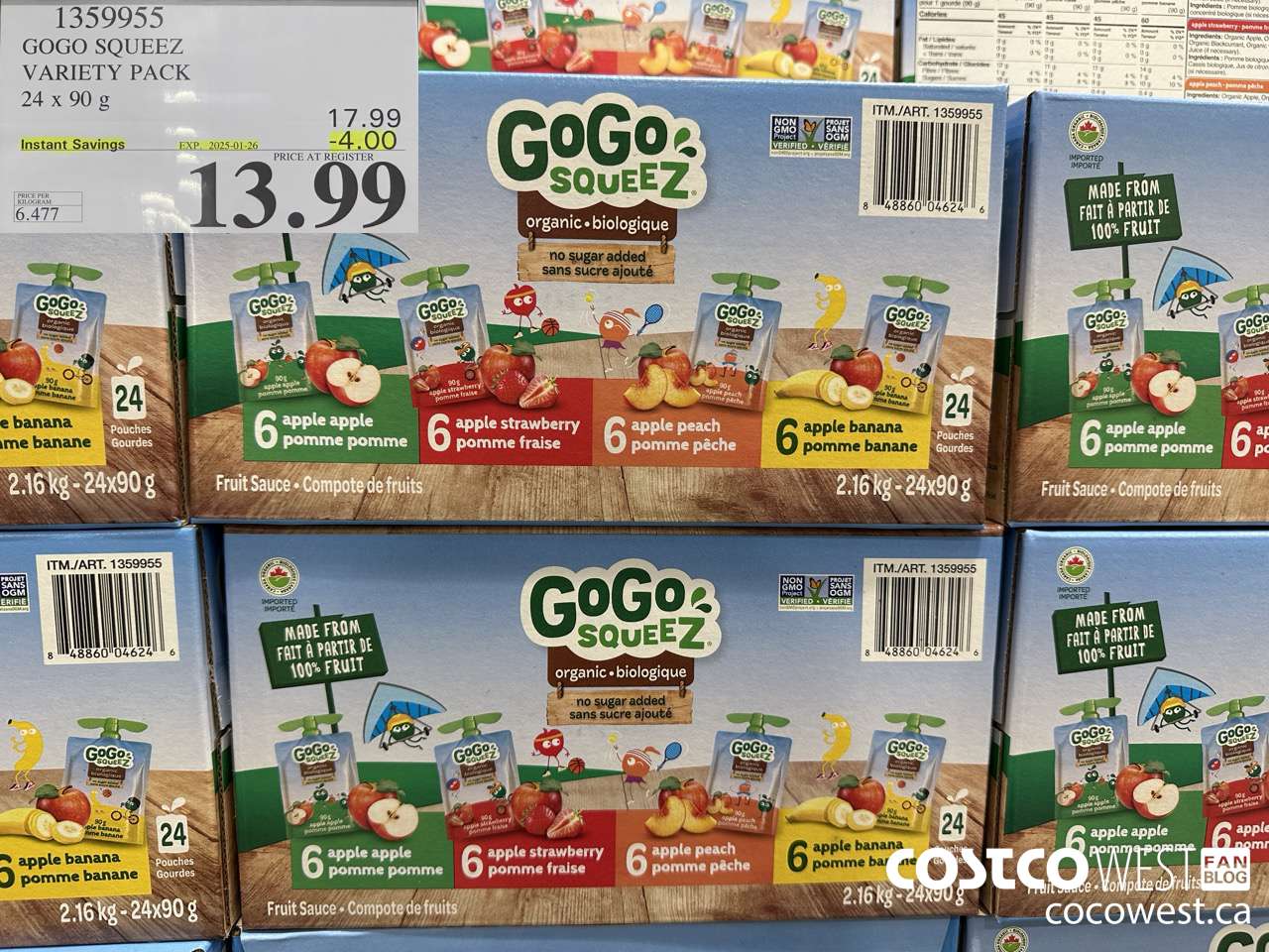 1359955 GOGO SQUEEZ ORGANIC VARIETY PACK 24 x 90g ($4.00 INSTANT SAVINGS EXPIRES ON 2025-01-26) $13.99