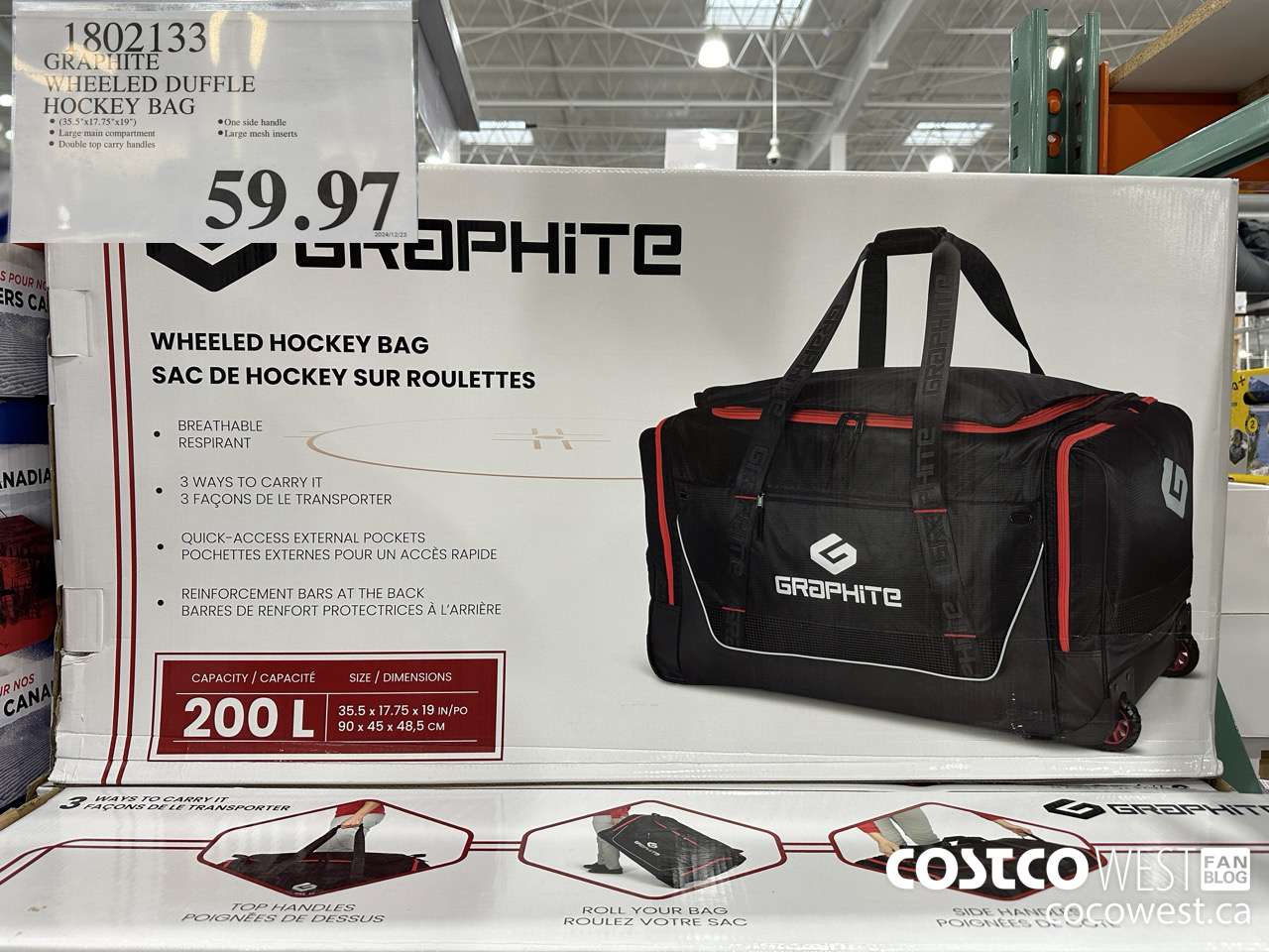 1802133 GRAPHITE WHEELED DUFFLE HOCKEY BAG $59.97