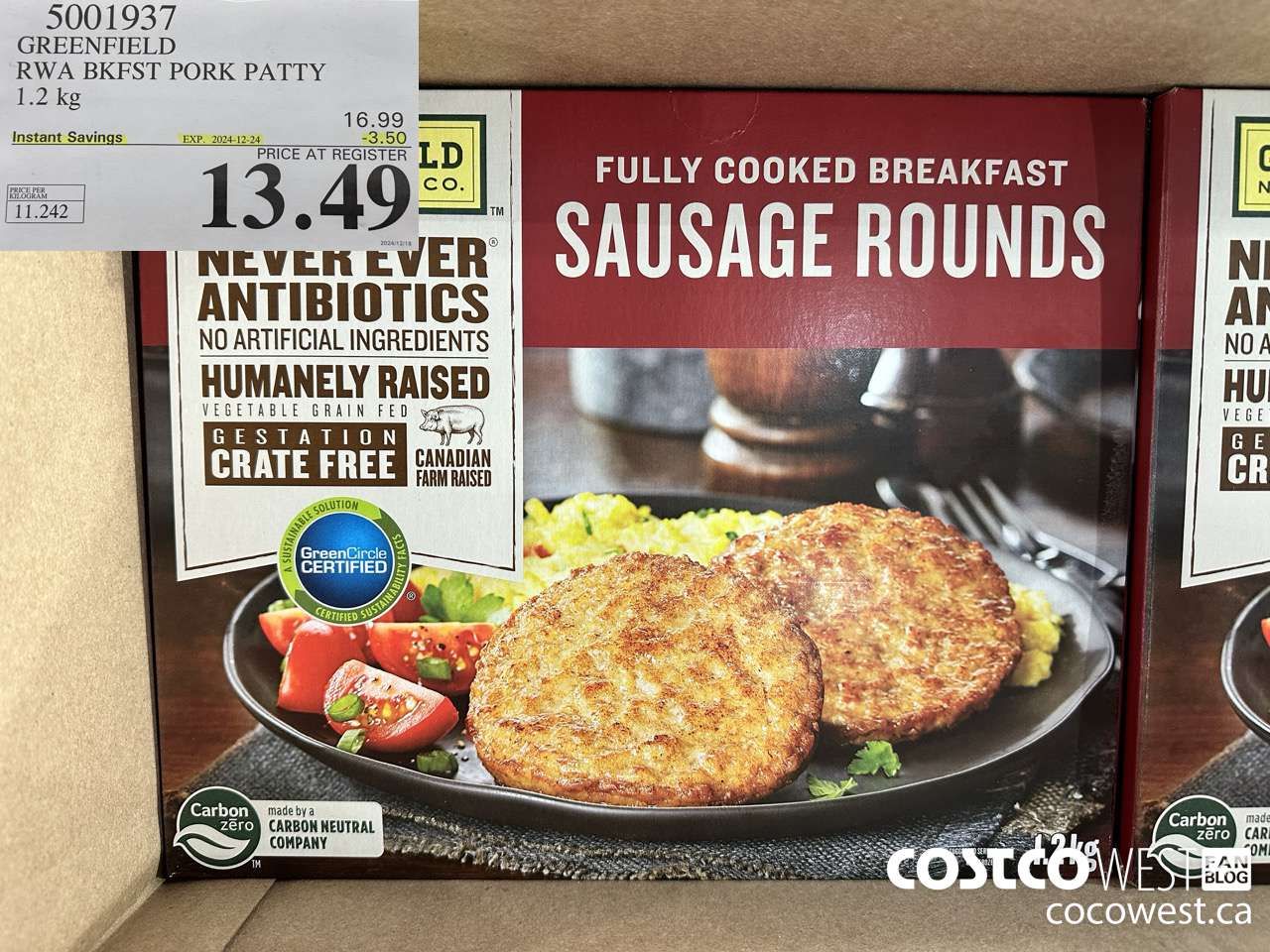 5001937 GREENFIELD RWA BKFST PORK PATTY 1.2 kg ($3.50 INSTANT SAVINGS EXPIRES ON 2024-12-24) $13.49