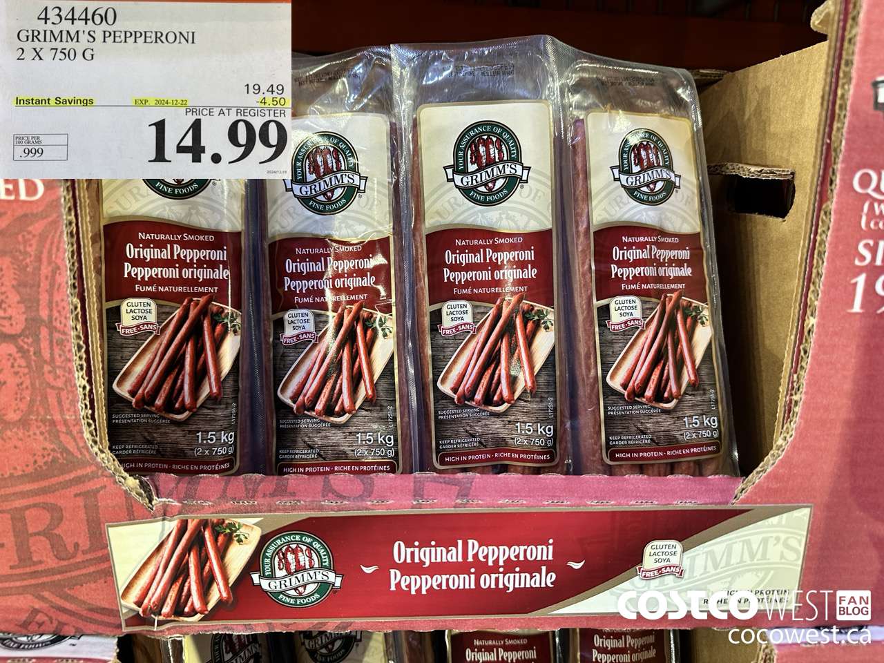 434460 GRIMM'S NATURAL FRESH PEPPERONI 2 x 750 g ($4.50 INSTANT SAVINGS EXPIRES ON 2024-12-22) $14.99