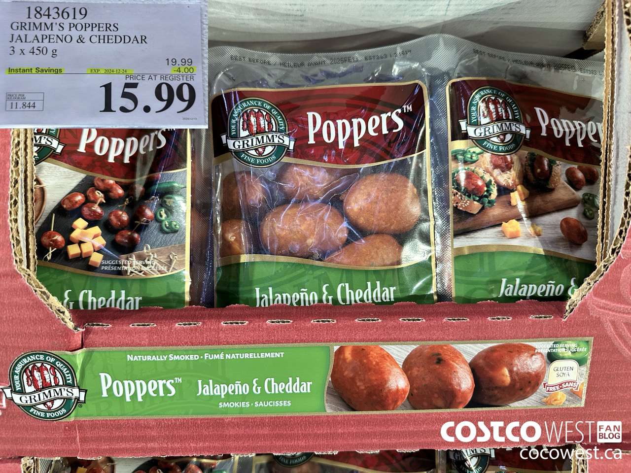 1843619 GRIMM'S POPPERS JALAPENO & CHEDDAR 3 X450G ($4.00 INSTANT SAVINGS EXPIRES ON 2024-12-24) $15.99