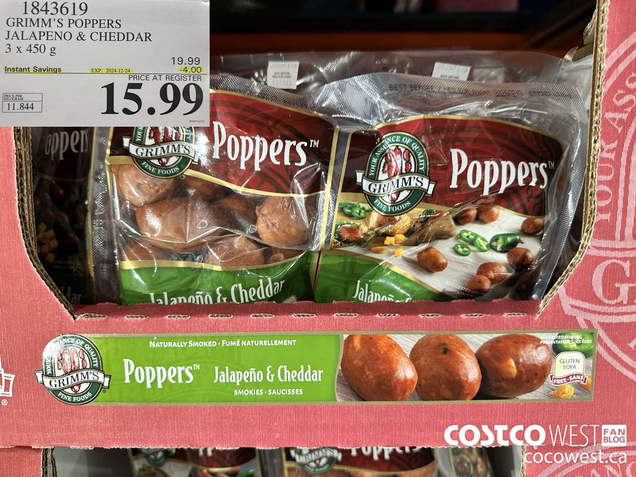 1843619 GRIMM'S POPPERS JALAPENO & CHEDDAR 3 X450G ($4.00 INSTANT SAVINGS EXPIRES ON 2024-12-24) $15.99