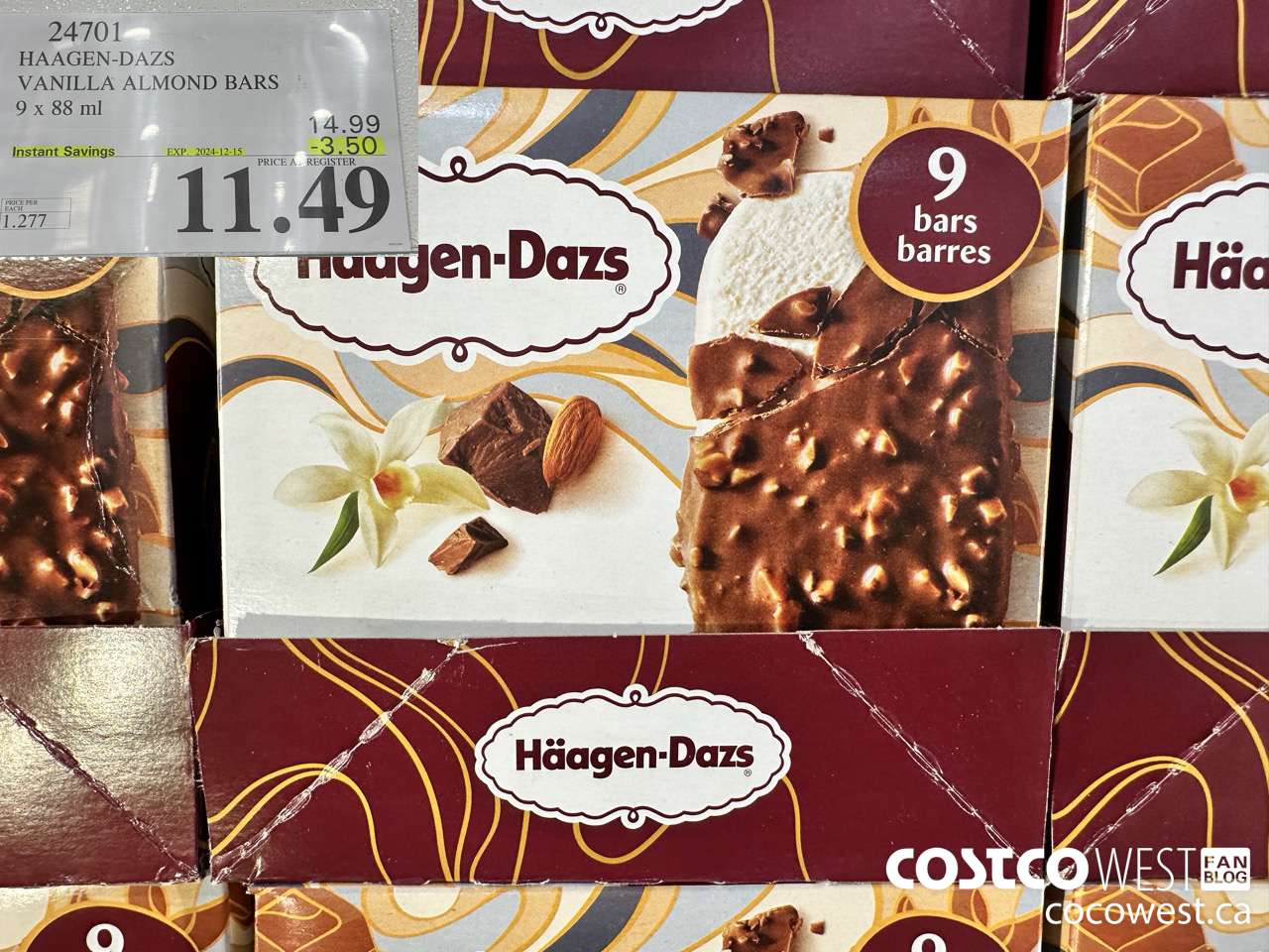 24701 HAAGEN-DAZS VANILLA ALMOND BARS 9 x 88 ml ($3.50 INSTANT SAVINGS EXPIRES ON 2024-12-15) $11.49