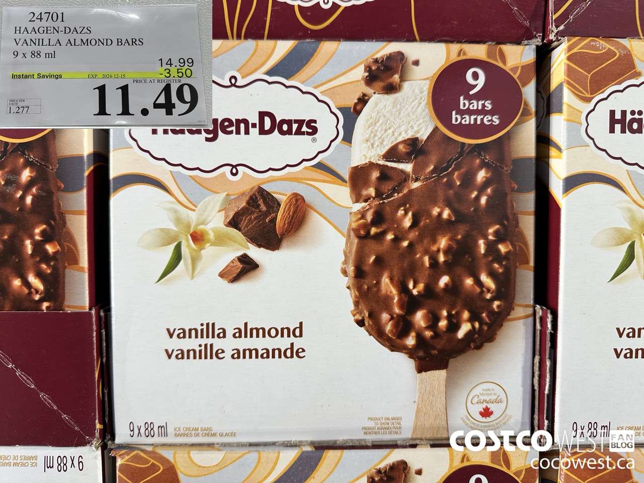 24701 HAAGEN-DAZS VANILLA ALMOND BARS 9 x 88 ml ($3.50 INSTANT SAVINGS EXPIRES ON 2024-12-15) $11.49