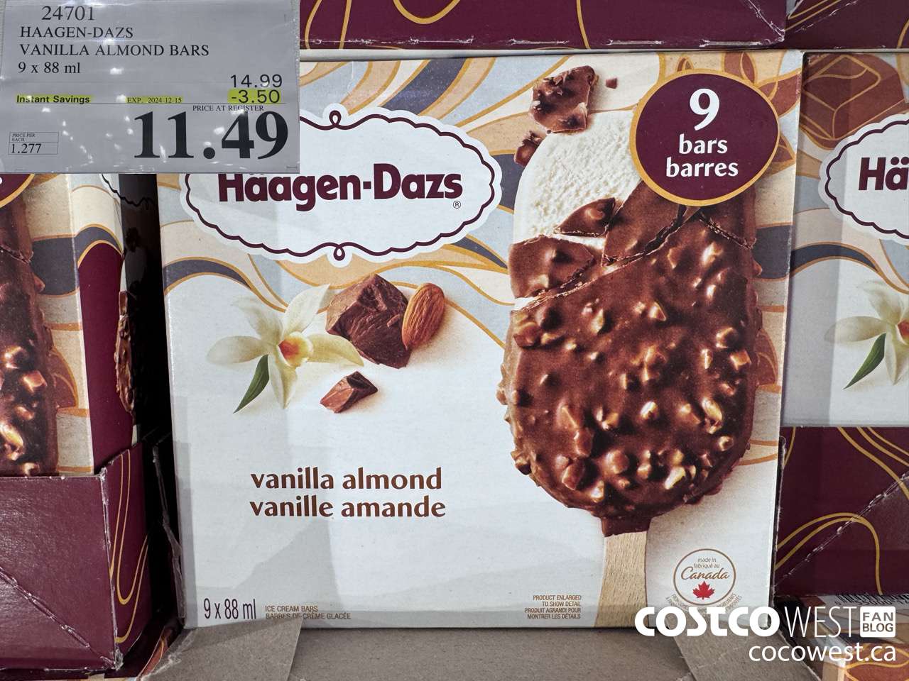 24701 HAAGEN-DAZS VANILLA ALMOND BARS 9 x 88 ml ($3.50 INSTANT SAVINGS EXPIRES ON 2024-12-15) $11.49