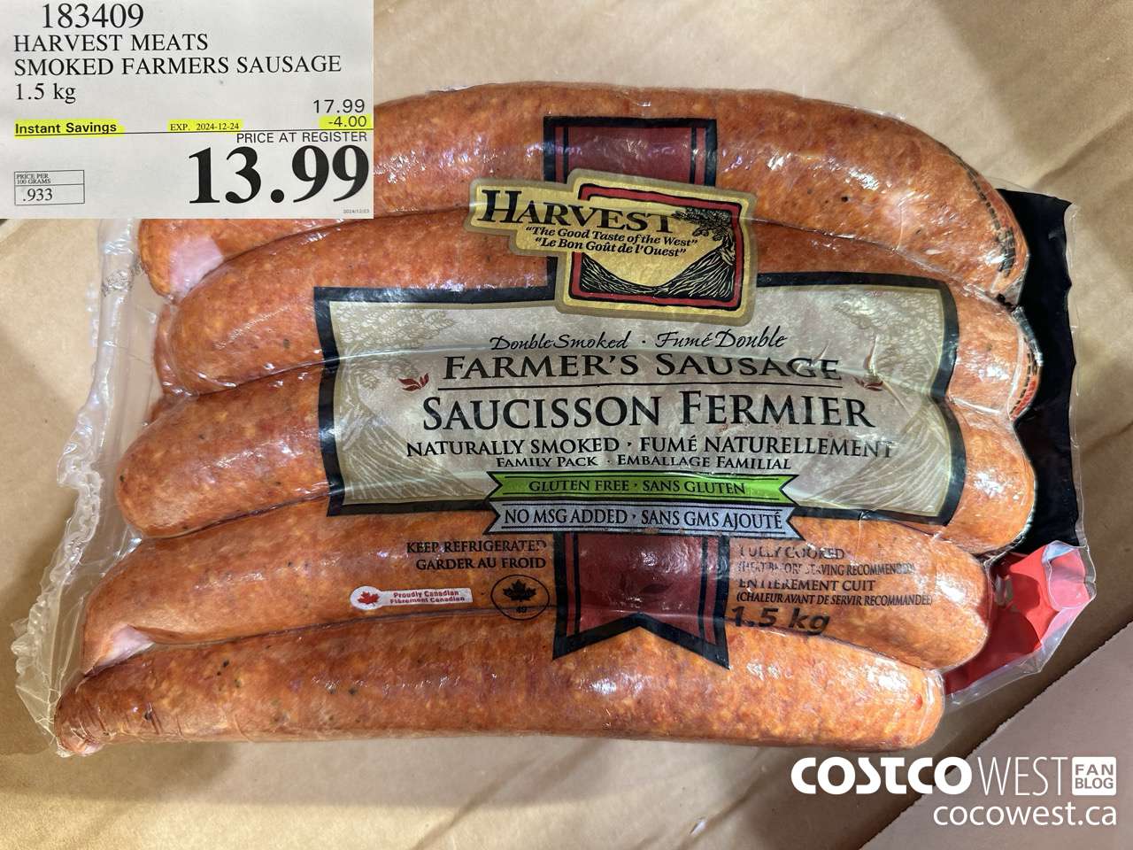 183409 HARVEST MEATS SMOKED FARMERS SAUSAGE 1.5 kg ($4.00 INSTANT SAVINGS EXPIRES ON 2024-12-24) $13.99