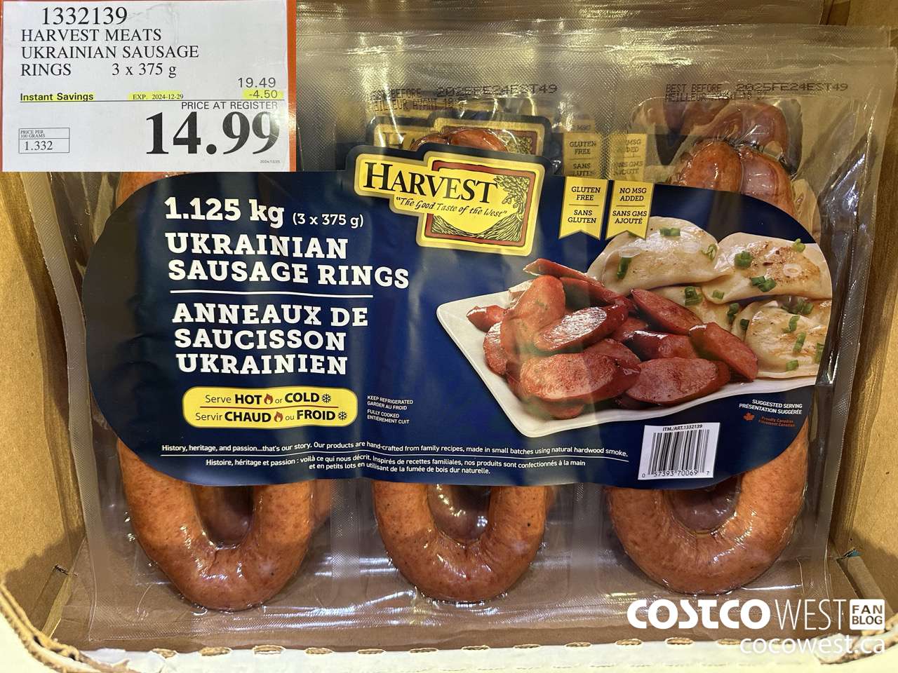 1332139 HARVEST MEATS UKRAINIAN SAUSAGE RINGS 3 x 375g ($4.50 INSTANT SAVINGS EXPIRES ON 2024-12-29) $14.99