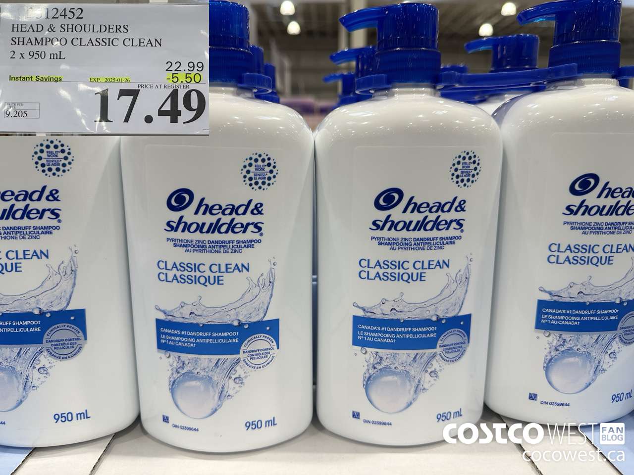 2312452 HEAD & SHOULDERS SHAMPOO CLASSIC CLEAN 2 X 950 ML ($5.50 INSTANT SAVINGS EXPIRES ON 2025-01-26) $17.49